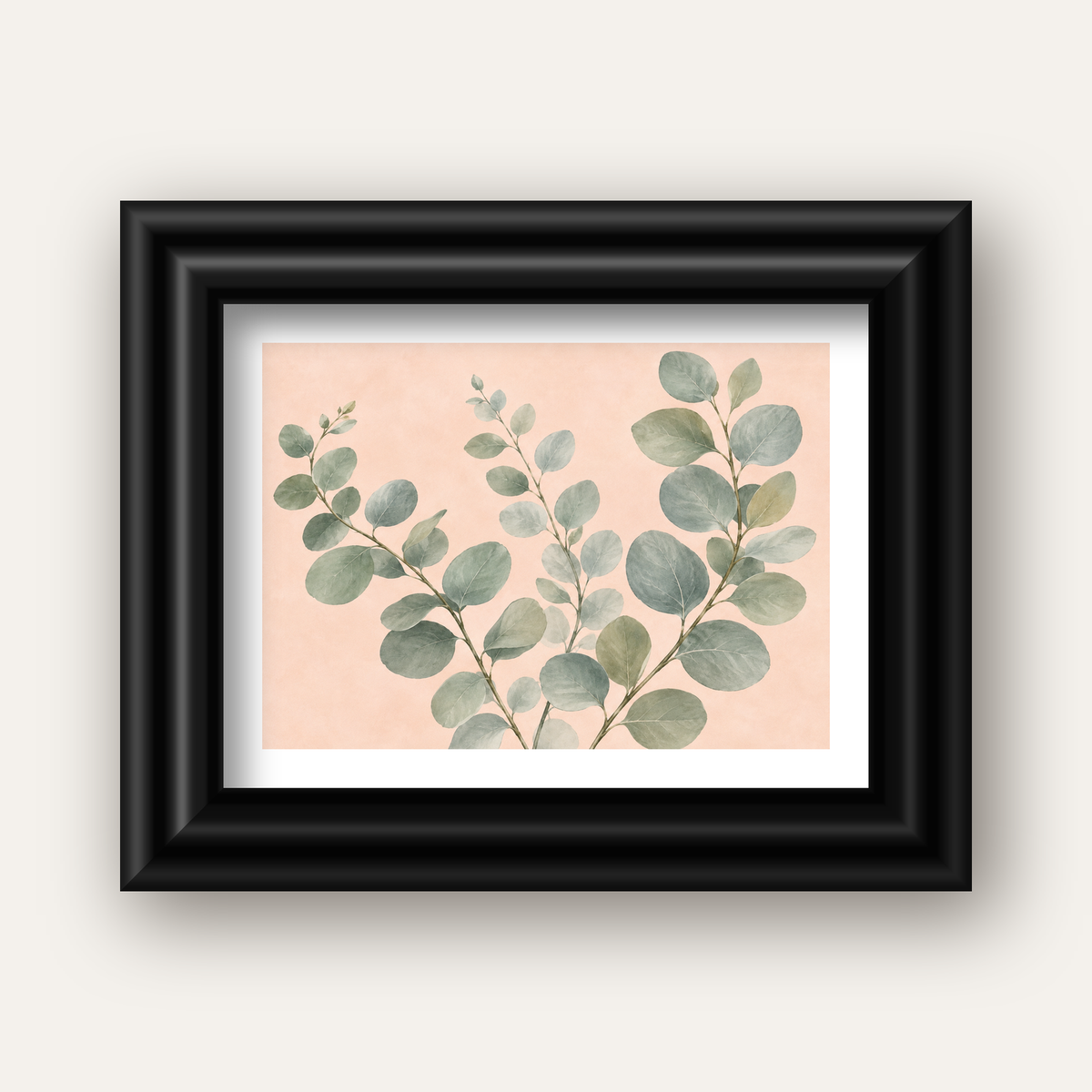 Sulu Boya Okaliptüs Dalı Poster – Pastel ve Minimalist Duvar Sanatı — siyah galeri çerçeveli paspartulu