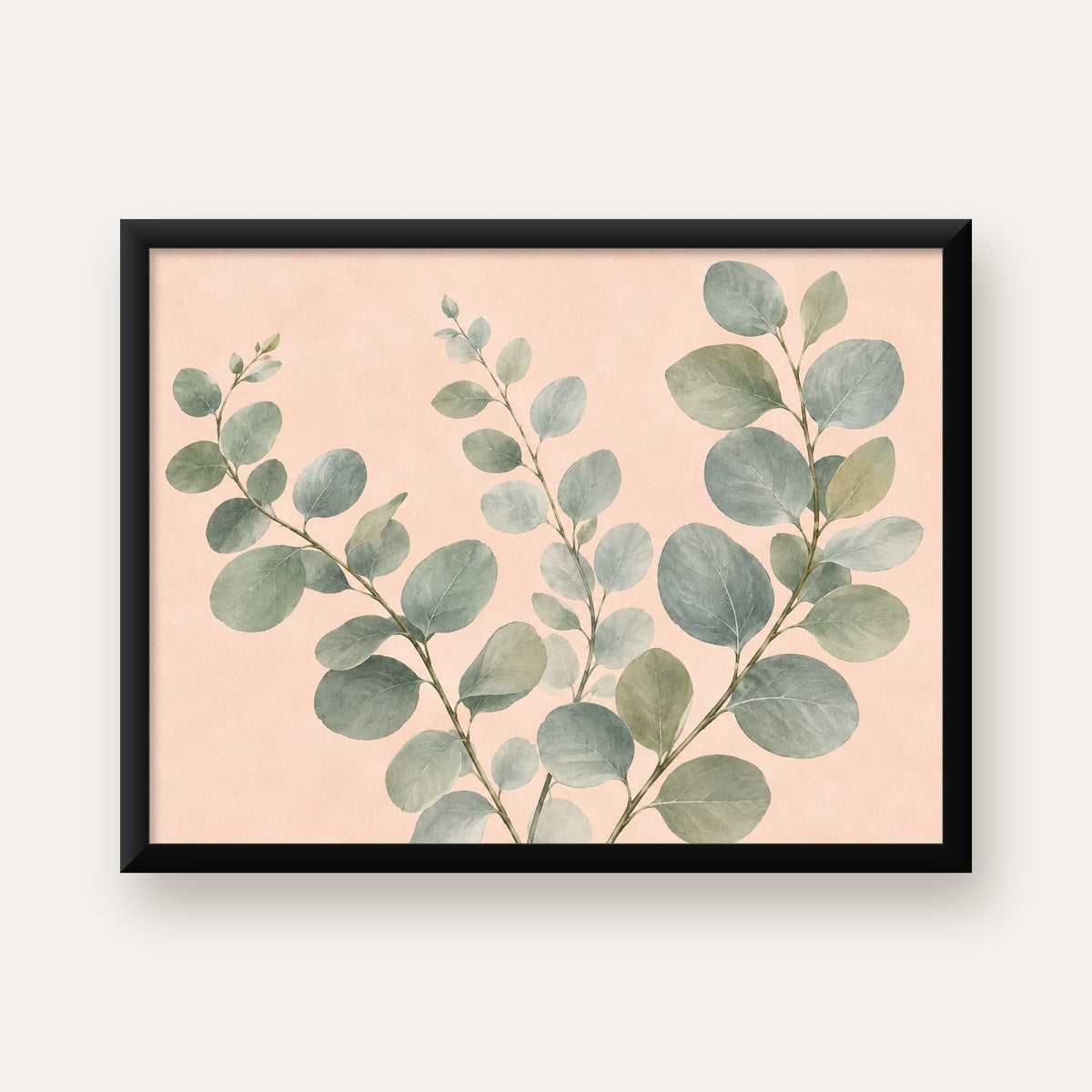 Sulu Boya Okaliptüs Dalı Poster – Pastel ve Minimalist Duvar Sanatı — Yatay baskı, düz siyah çerçeveli duvar posteri