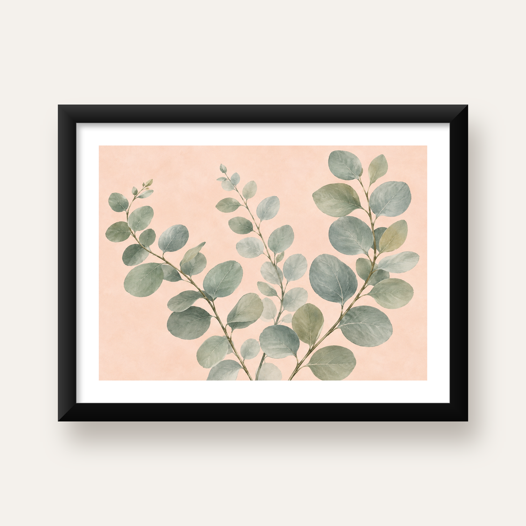 Sulu Boya Okaliptüs Dalı Poster – Pastel ve Minimalist Duvar Sanatı — Yatay baskı, beyaz paspartulu
