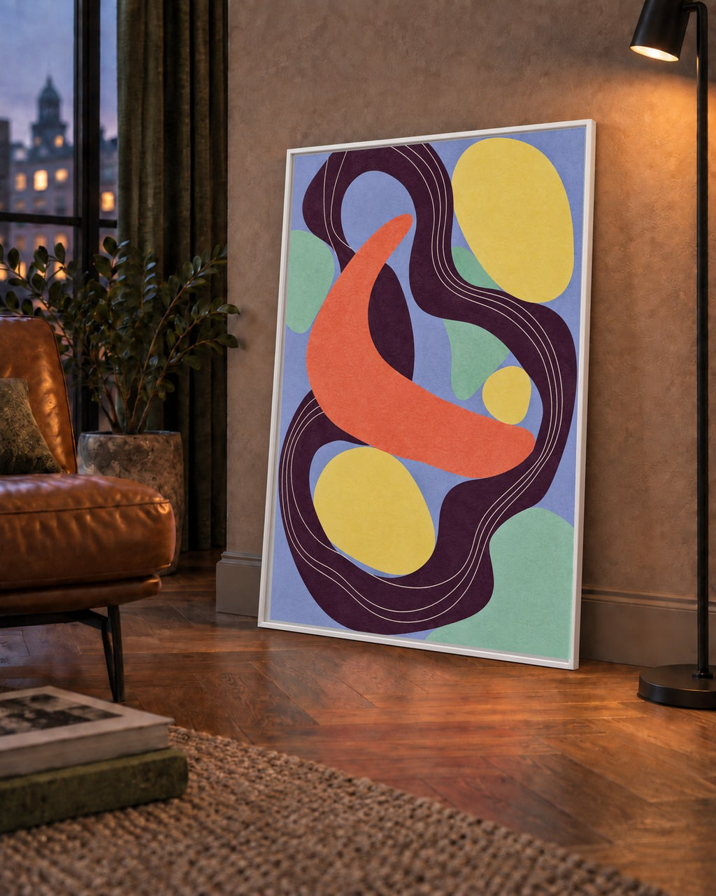 Soyut Renkli Şekiller Poster – Modern Minimalist Duvar Sanatı — çerçeveli hâliyle bir ev duvarında