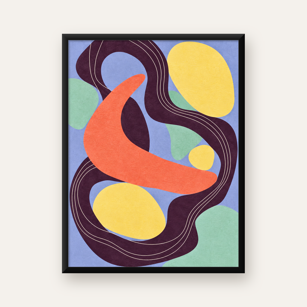 Soyut Renkli Şekiller Poster – Modern Minimalist Duvar Sanatı — Dikey baskı, düz siyah çerçeveli duvar posteri