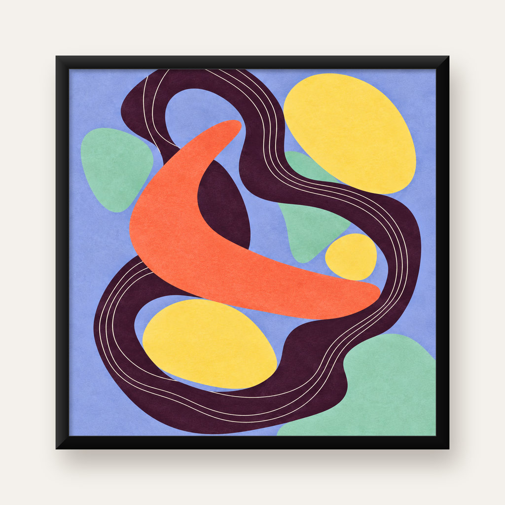 Soyut Renkli Şekiller Poster – Modern Minimalist Duvar Sanatı — Kare baskı, düz siyah çerçeveli duvar posteri