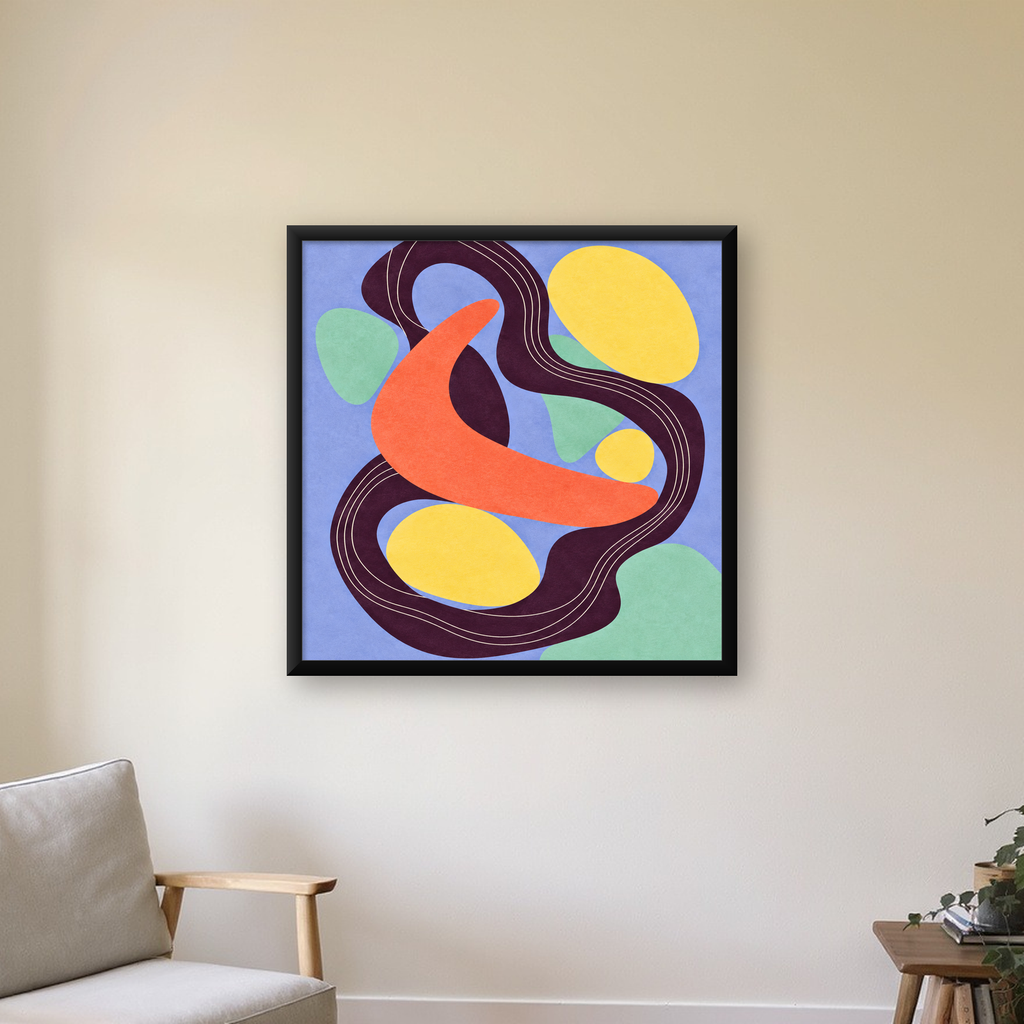 Soyut Renkli Şekiller Poster – Modern Minimalist Duvar Sanatı — Kare baskı, çerçeveli hâliyle bir ev duvarında