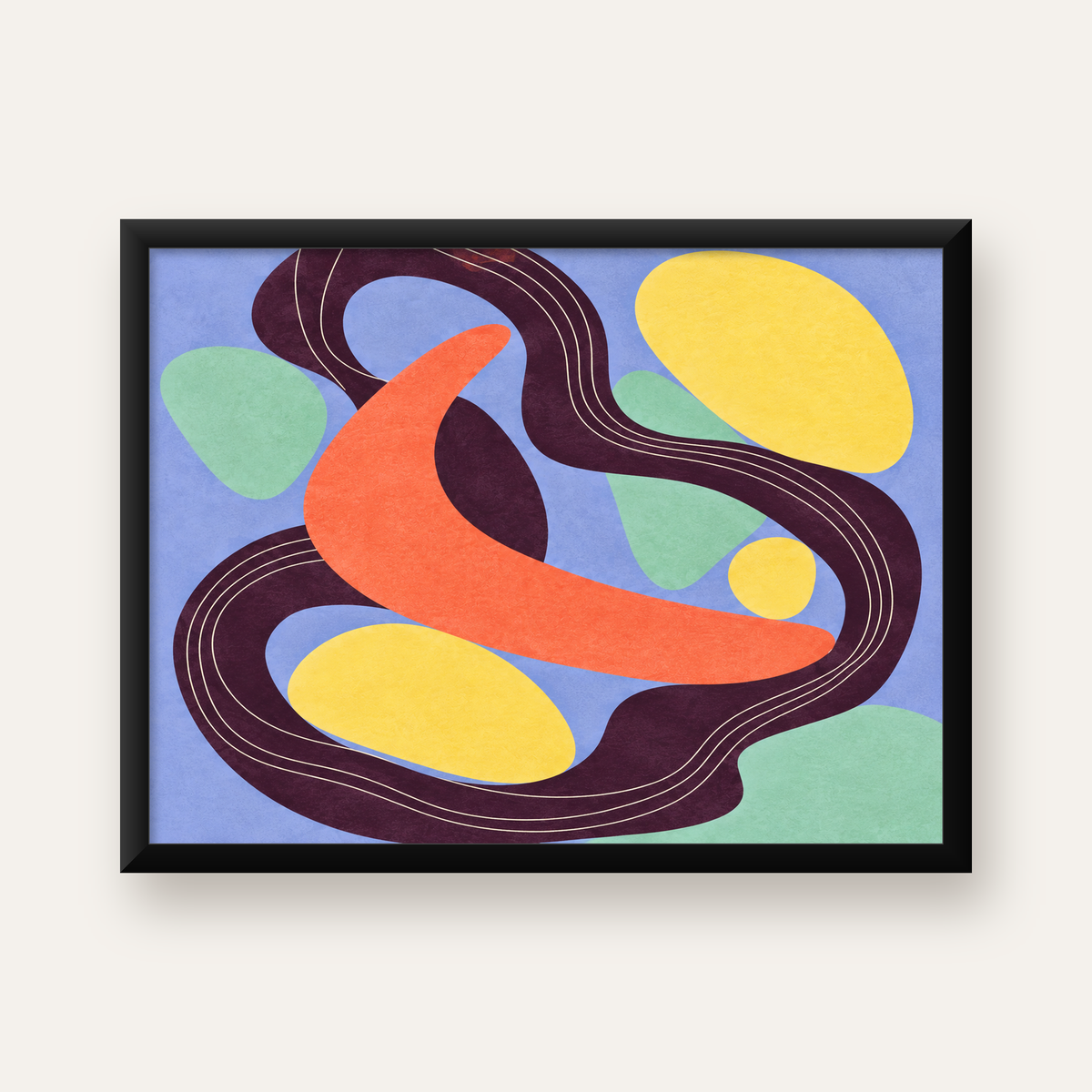 Soyut Renkli Şekiller Poster – Modern Minimalist Duvar Sanatı — Yatay baskı, düz siyah çerçeveli duvar posteri