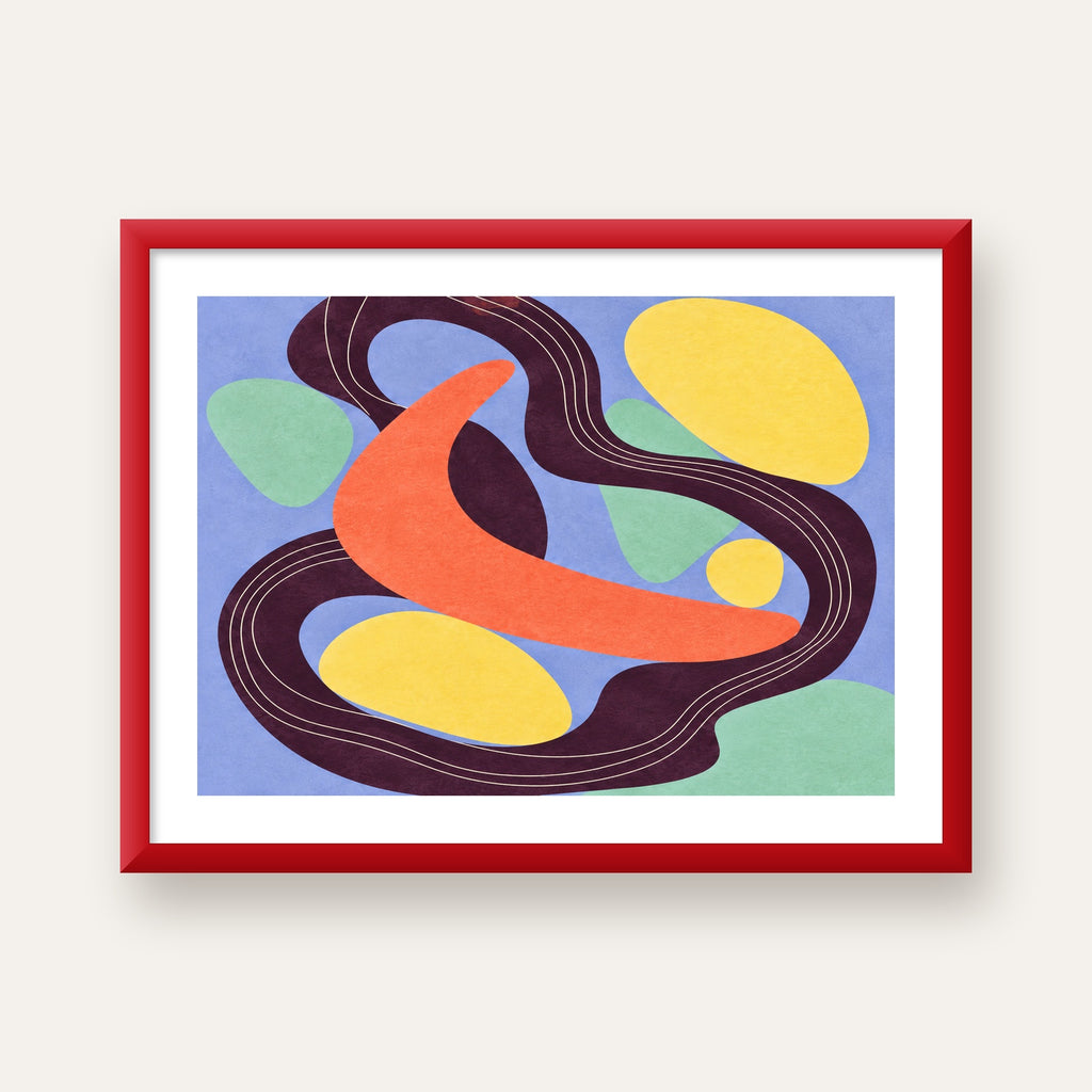 Soyut Renkli Şekiller Poster – Modern Minimalist Duvar Sanatı — kırmızı çerçeveli paspartulu