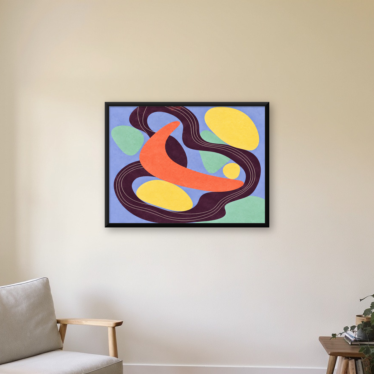 Soyut Renkli Şekiller Poster – Modern Minimalist Duvar Sanatı — Yatay baskı, çerçeveli hâliyle bir ev duvarında