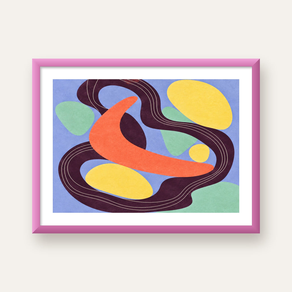 Soyut Renkli Şekiller Poster – Modern Minimalist Duvar Sanatı — pembe çerçeveli paspartulu