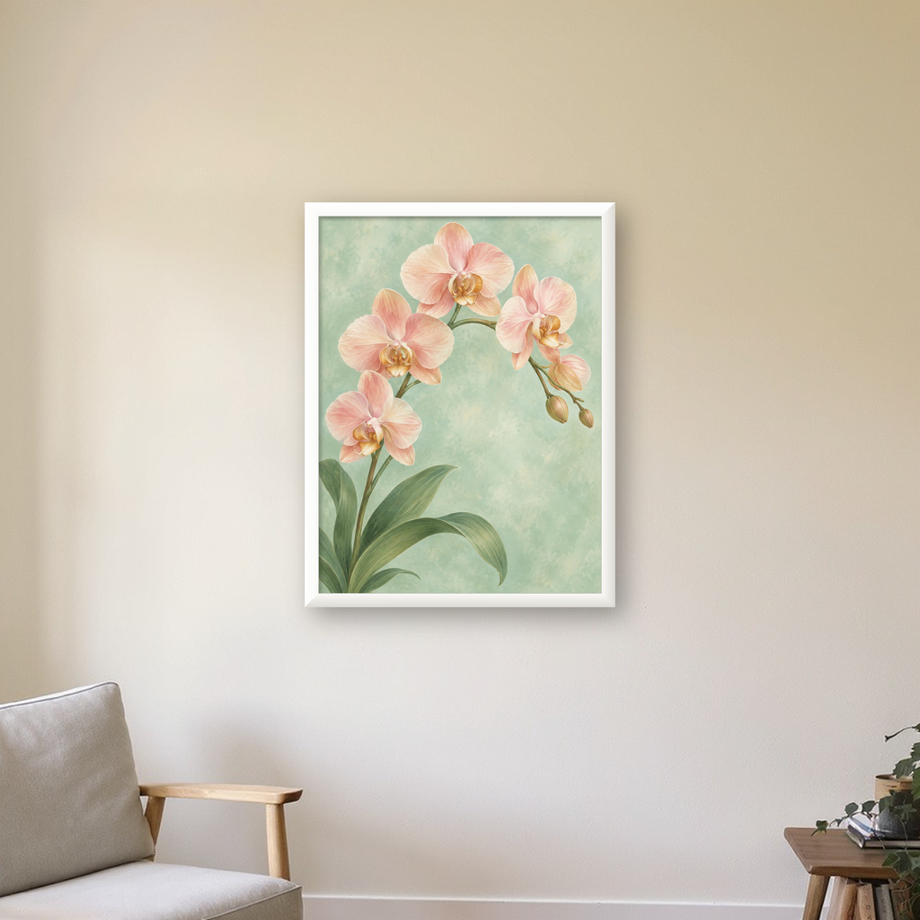 Pembe Orkide Sulu Boya Poster – Zarif Çiçek Sanat Baskısı — beyaz çerçeveli dikey poster