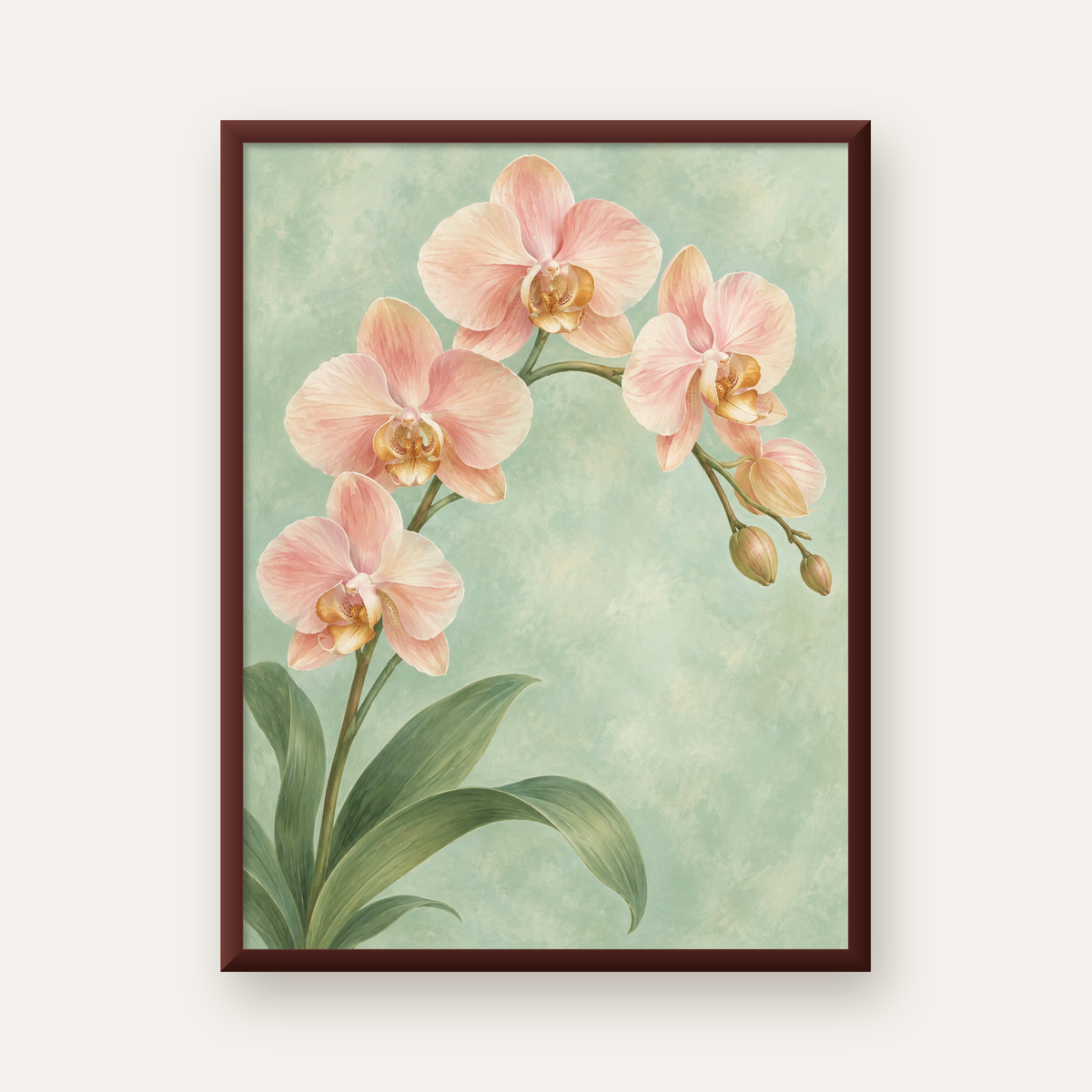 Pembe Orkide Sulu Boya Poster – Zarif Çiçek Sanat Baskısı — ceviz çerçeveli