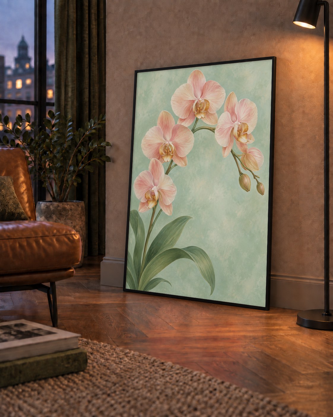 Pembe Orkide Sulu Boya Poster – Zarif Çiçek Sanat Baskısı — çerçeveli hâliyle bir ev duvarında