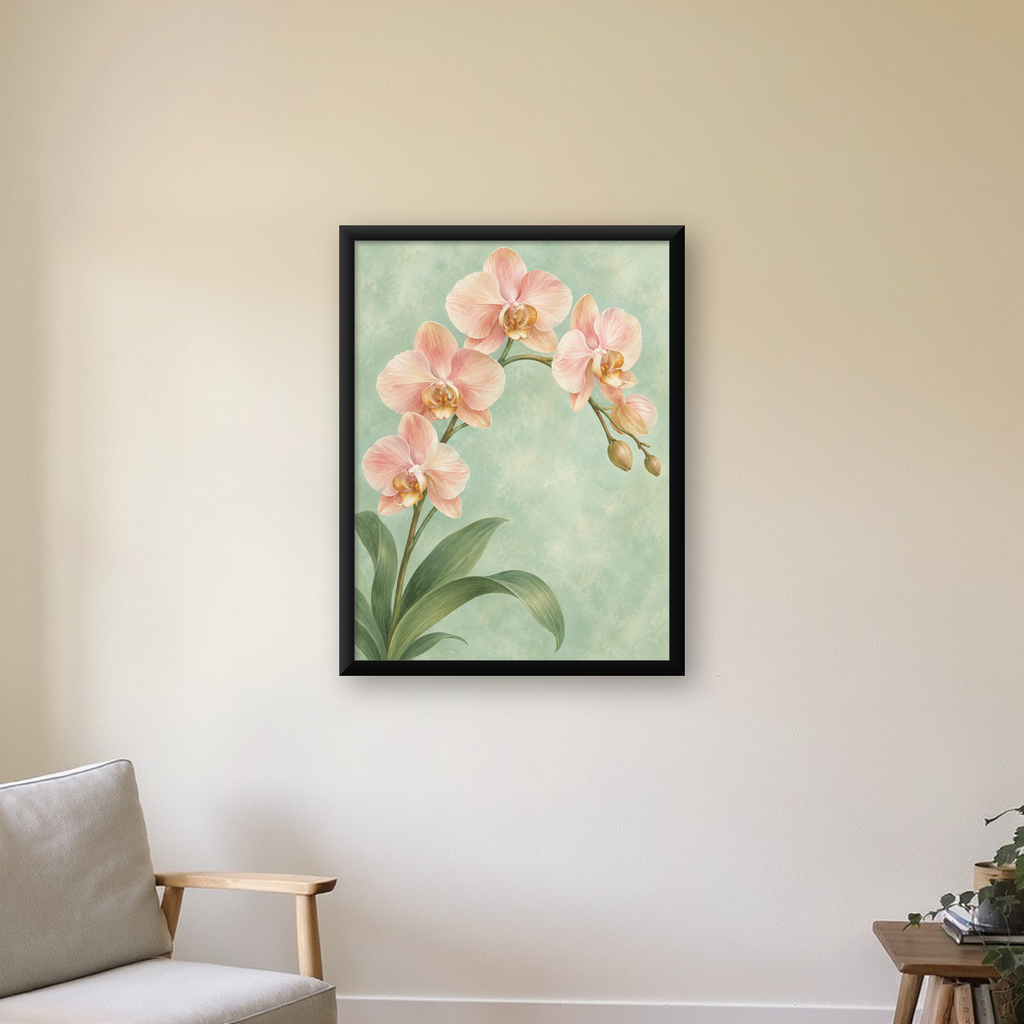 Pembe Orkide Sulu Boya Poster – Zarif Çiçek Sanat Baskısı — Dikey baskı, çerçeveli hâliyle bir ev duvarında
