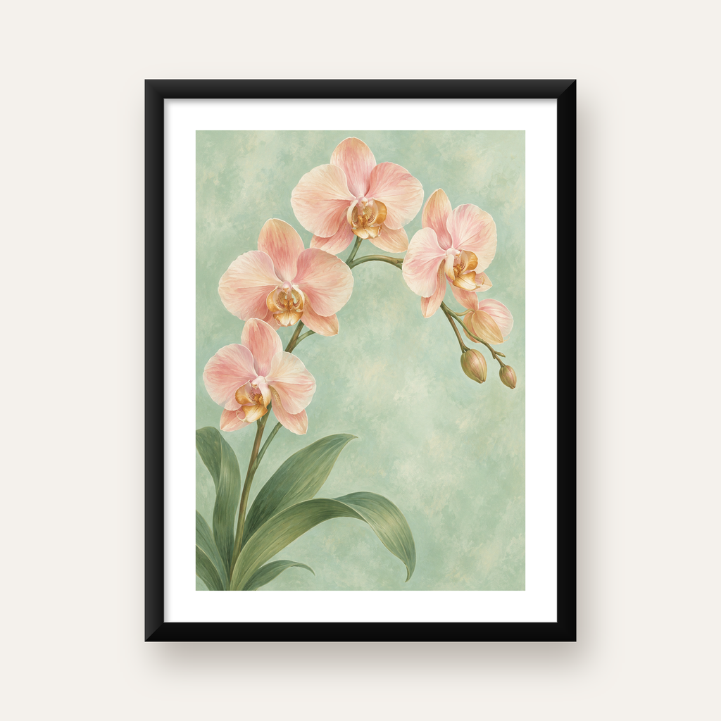 Pembe Orkide Sulu Boya Poster – Zarif Çiçek Sanat Baskısı — Dikey baskı, beyaz paspartulu