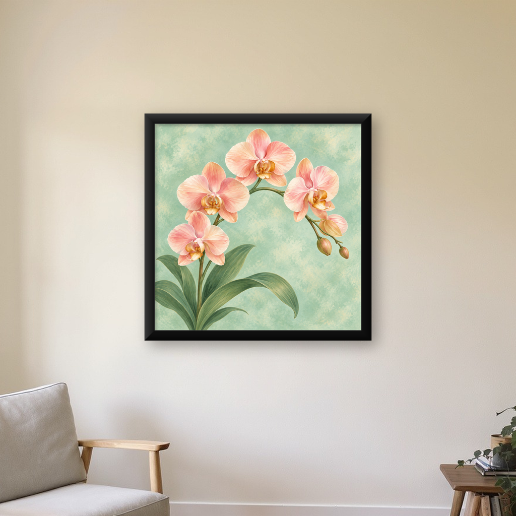 Pembe Orkide Sulu Boya Poster – Zarif Çiçek Sanat Baskısı — Kare baskı, çerçeveli hâliyle bir ev duvarında