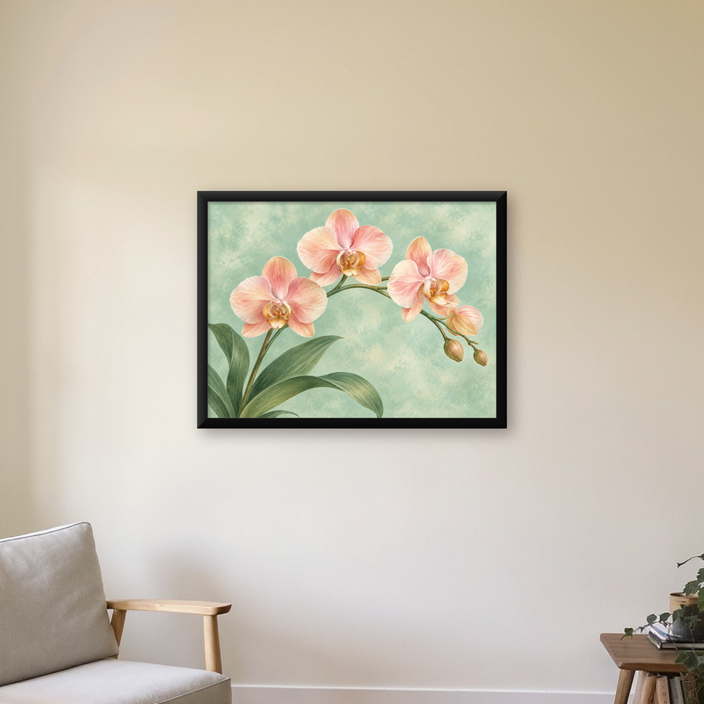 Pembe Orkide Sulu Boya Poster – Zarif Çiçek Sanat Baskısı — Yatay baskı, çerçeveli hâliyle bir ev duvarında
