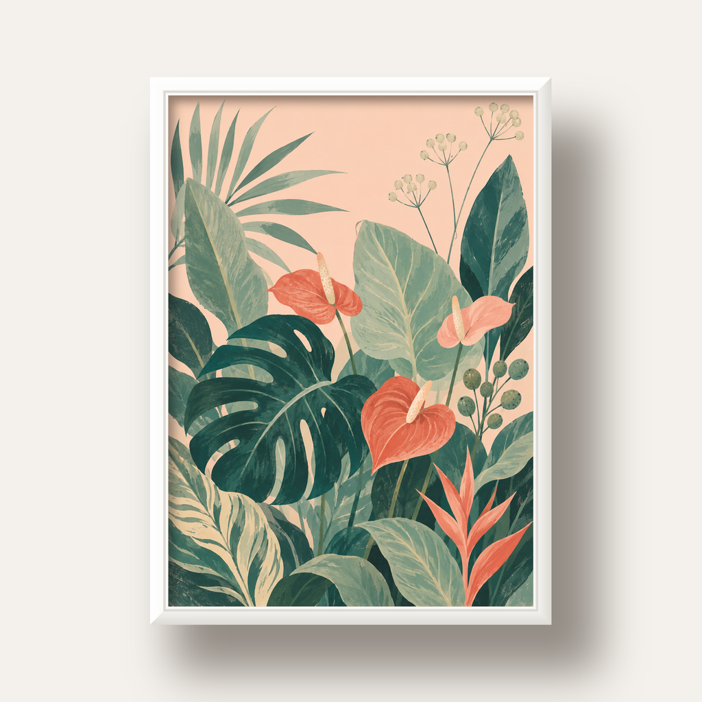 Tropikal Yaprak ve Anthurium Çiçekli Modern Poster — beyaz derin çerçeveli
