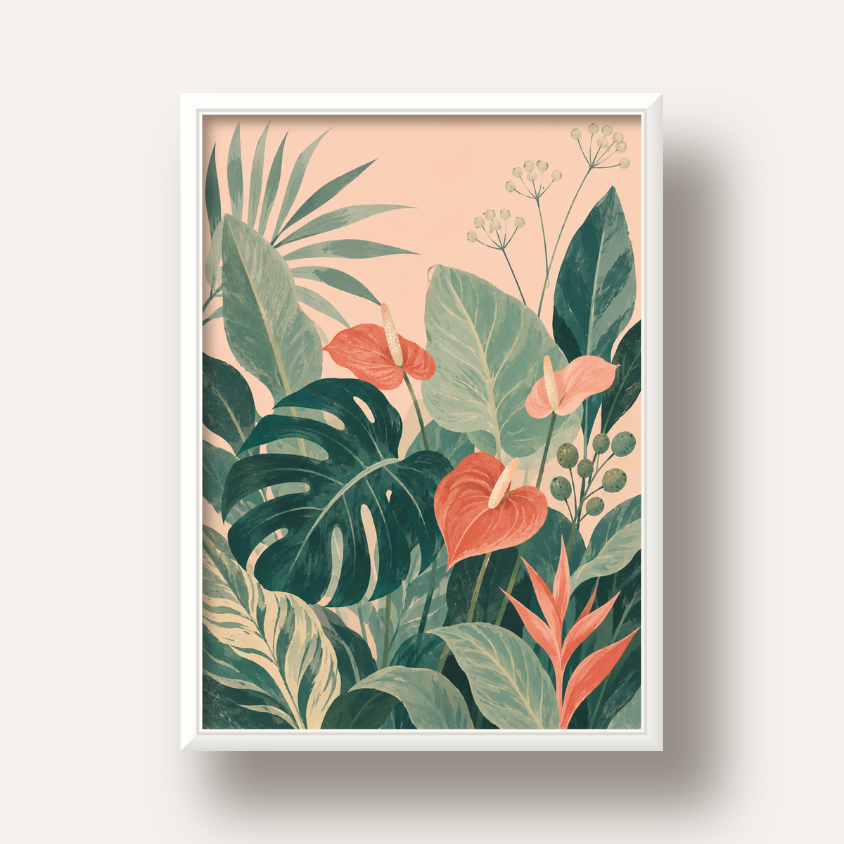 Tropikal Yaprak ve Anthurium Çiçekli Modern Poster — beyaz derin çerçeveli