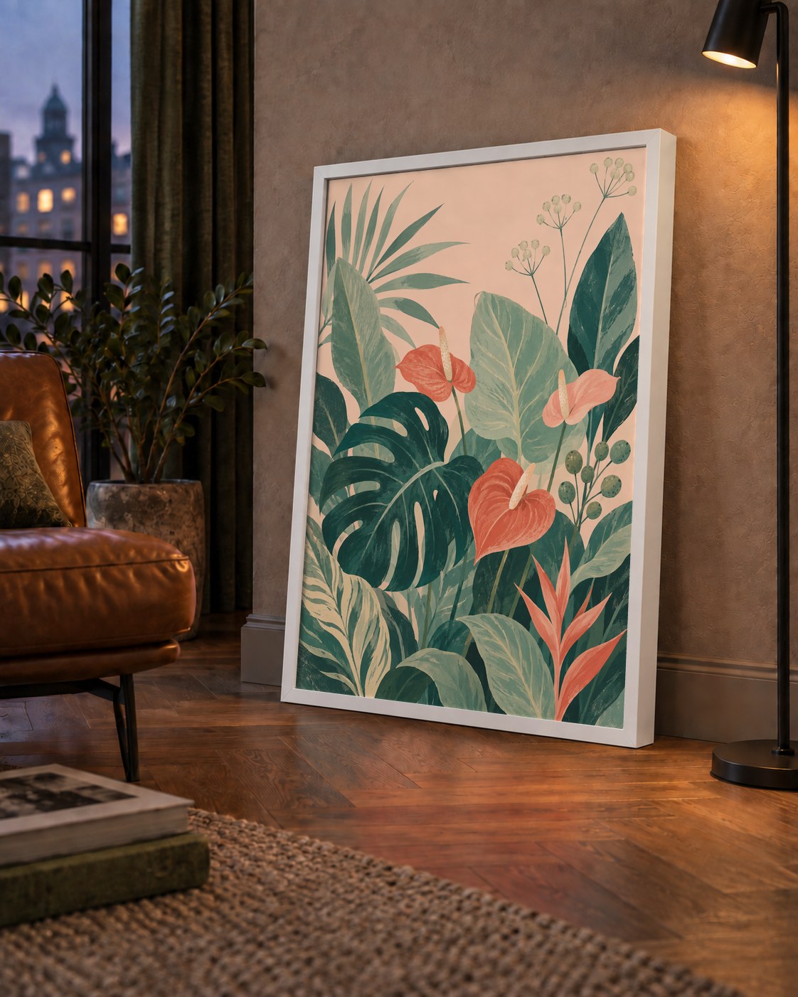 Tropikal Yaprak ve Anthurium Çiçekli Modern Poster — çerçeveli hâliyle bir ev duvarında