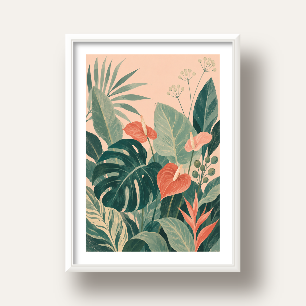 Tropikal Yaprak ve Anthurium Çiçekli Modern Poster — beyaz derin çerçeveli paspartulu