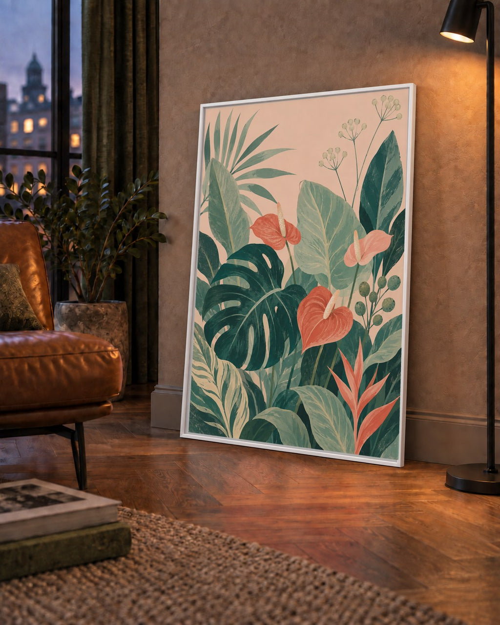 Tropikal Yaprak ve Anthurium Çiçekli Modern Poster — çerçeveli hâliyle bir ev duvarında