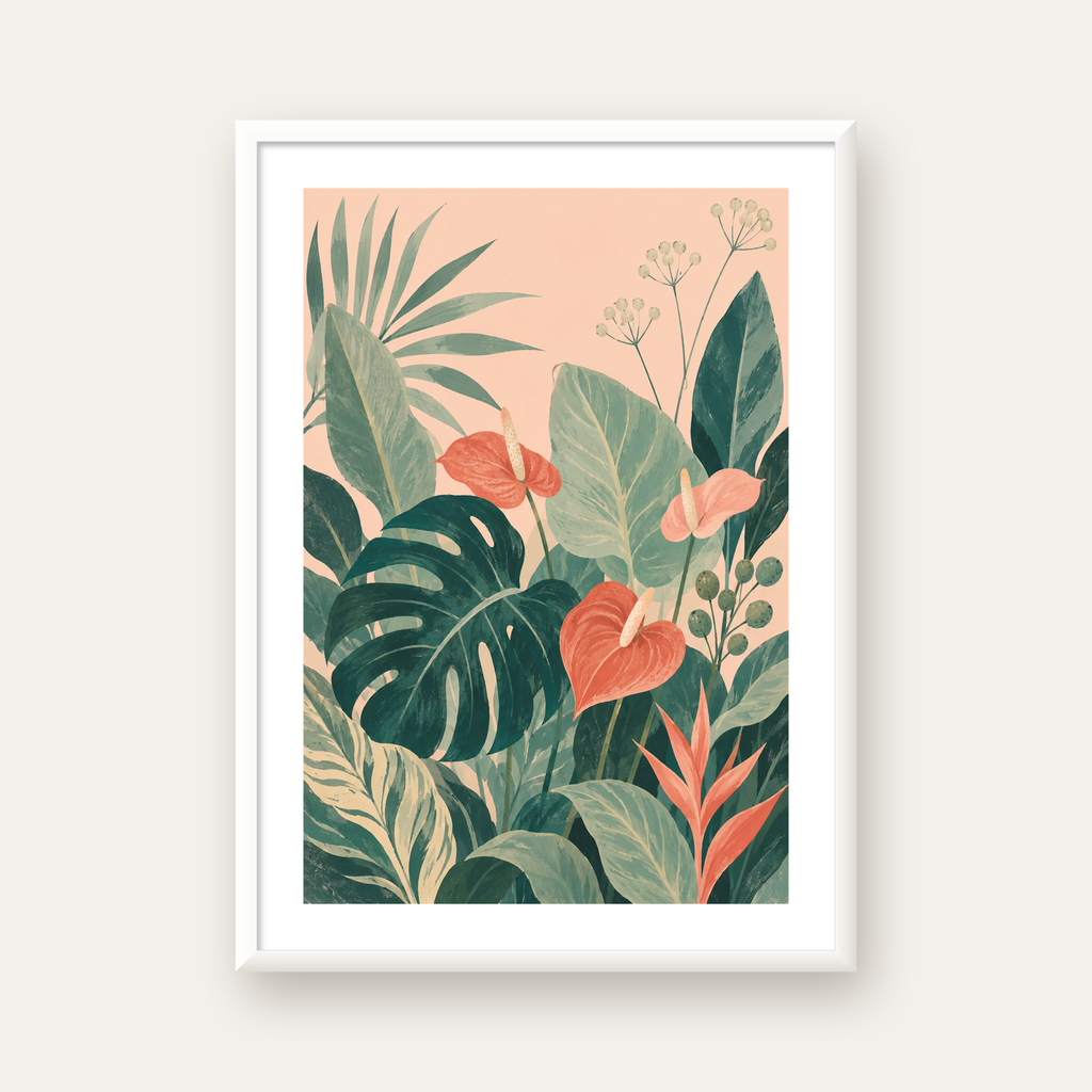 Tropikal Yaprak ve Anthurium Çiçekli Modern Poster — beyaz çerçeveli dikey poster