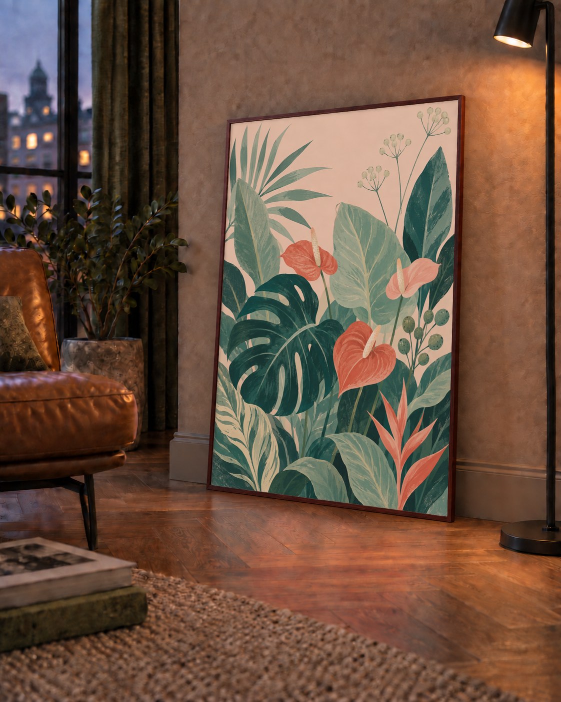 Tropikal Yaprak ve Anthurium Çiçekli Modern Poster — çerçeveli hâliyle bir ev duvarında