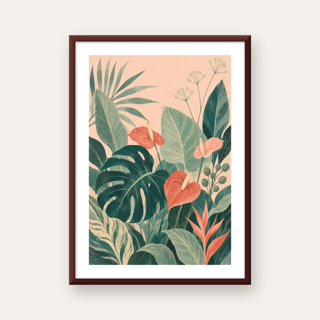 Tropikal Yaprak ve Anthurium Çiçekli Modern Poster — ceviz çerçeveli paspartulu