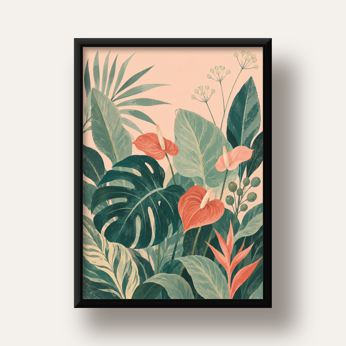 Tropikal Yaprak ve Anthurium Çiçekli Modern Poster — siyah derin çerçeveli