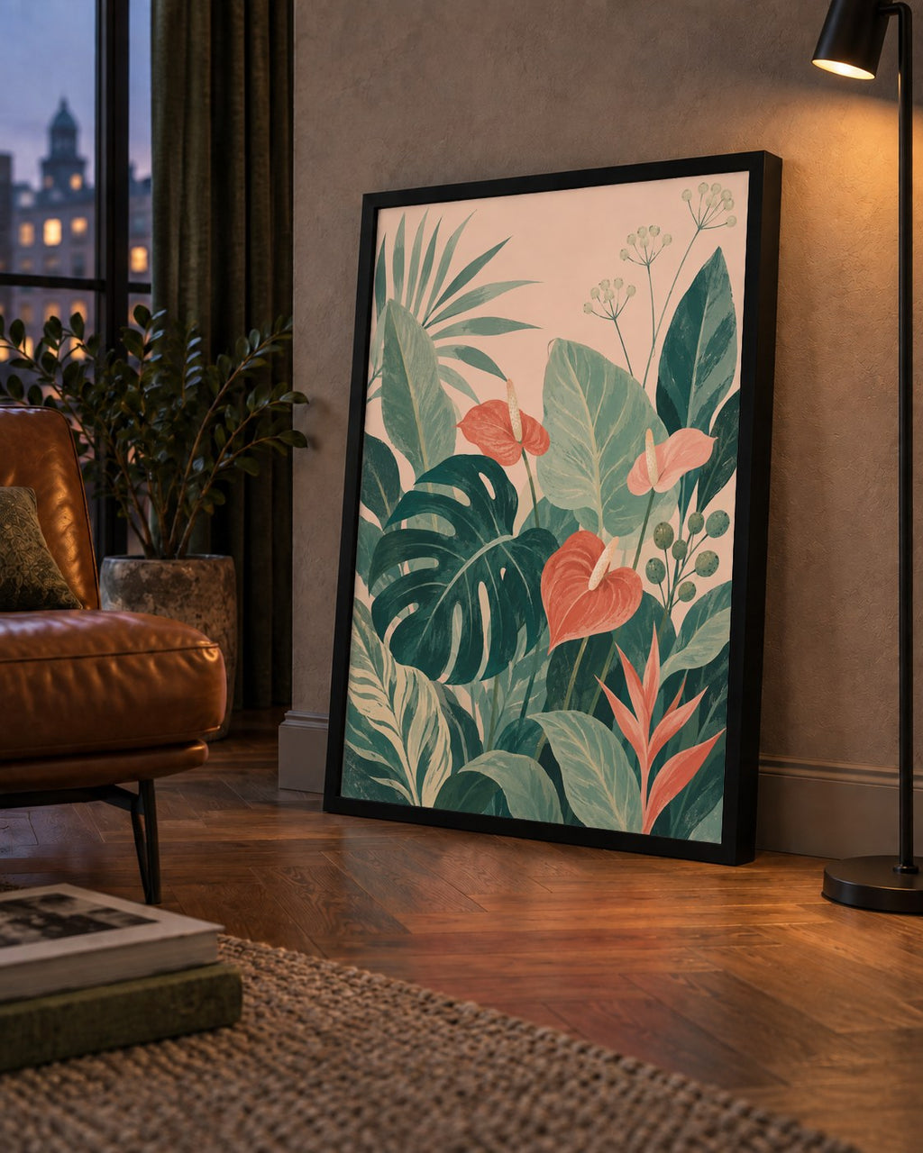 Tropikal Yaprak ve Anthurium Çiçekli Modern Poster — çerçeveli hâliyle bir ev duvarında