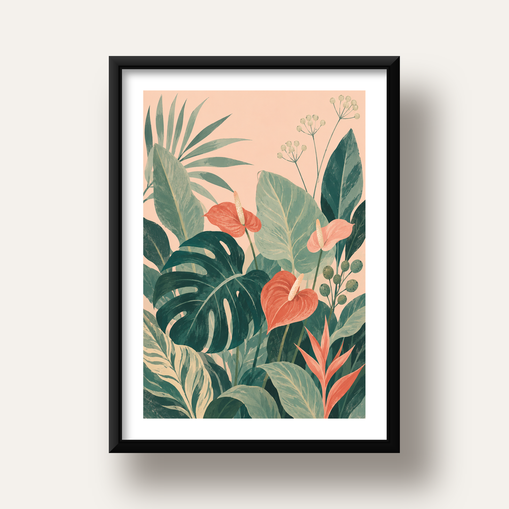 Tropikal Yaprak ve Anthurium Çiçekli Modern Poster — siyah derin çerçeveli paspartulu