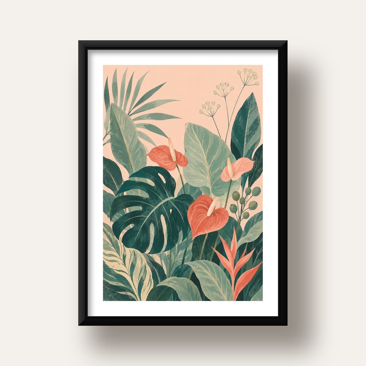 Tropikal Yaprak ve Anthurium Çiçekli Modern Poster — siyah derin çerçeveli paspartulu