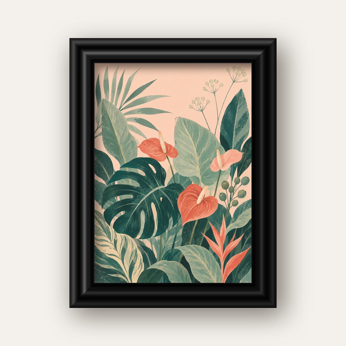 Tropikal Yaprak ve Anthurium Çiçekli Modern Poster — siyah galeri çerçeveli