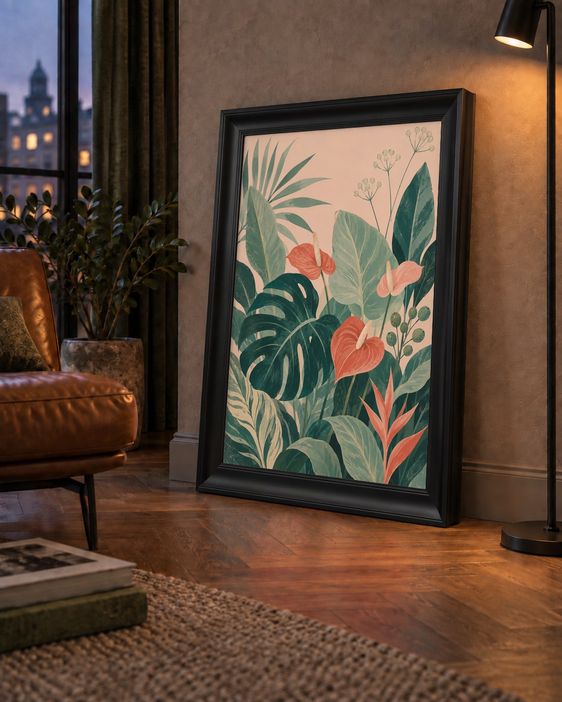 Tropikal Yaprak ve Anthurium Çiçekli Modern Poster — çerçeveli hâliyle bir ev duvarında