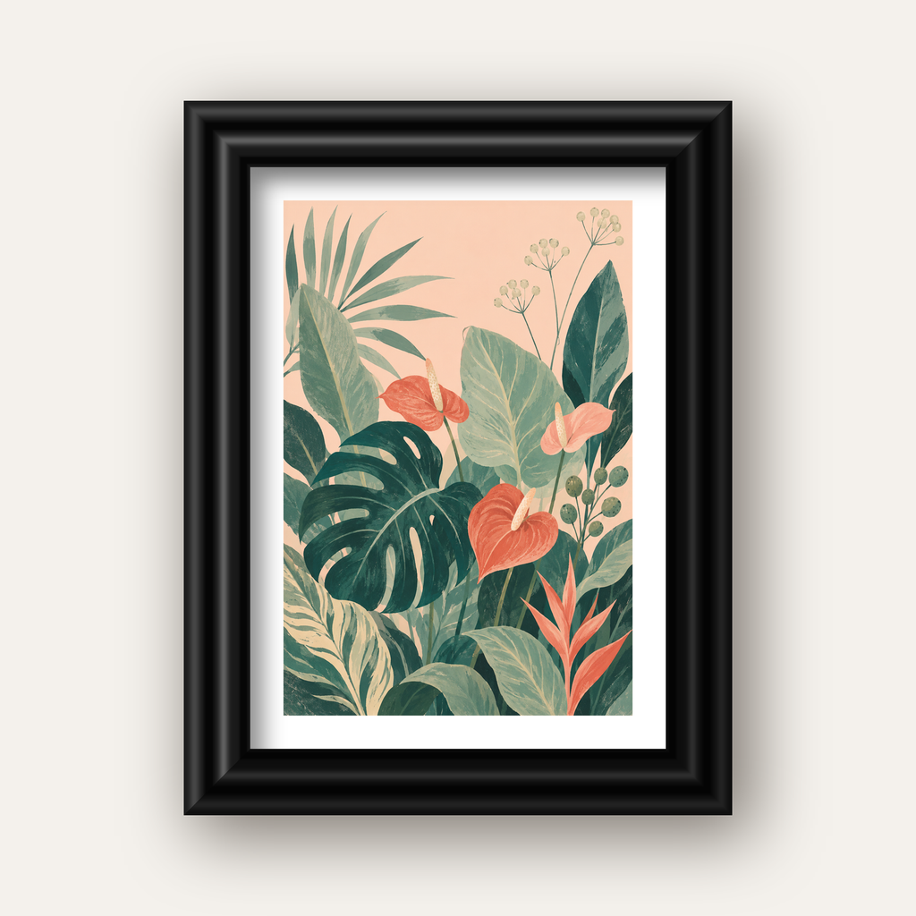 Tropikal Yaprak ve Anthurium Çiçekli Modern Poster — siyah galeri çerçeveli paspartulu