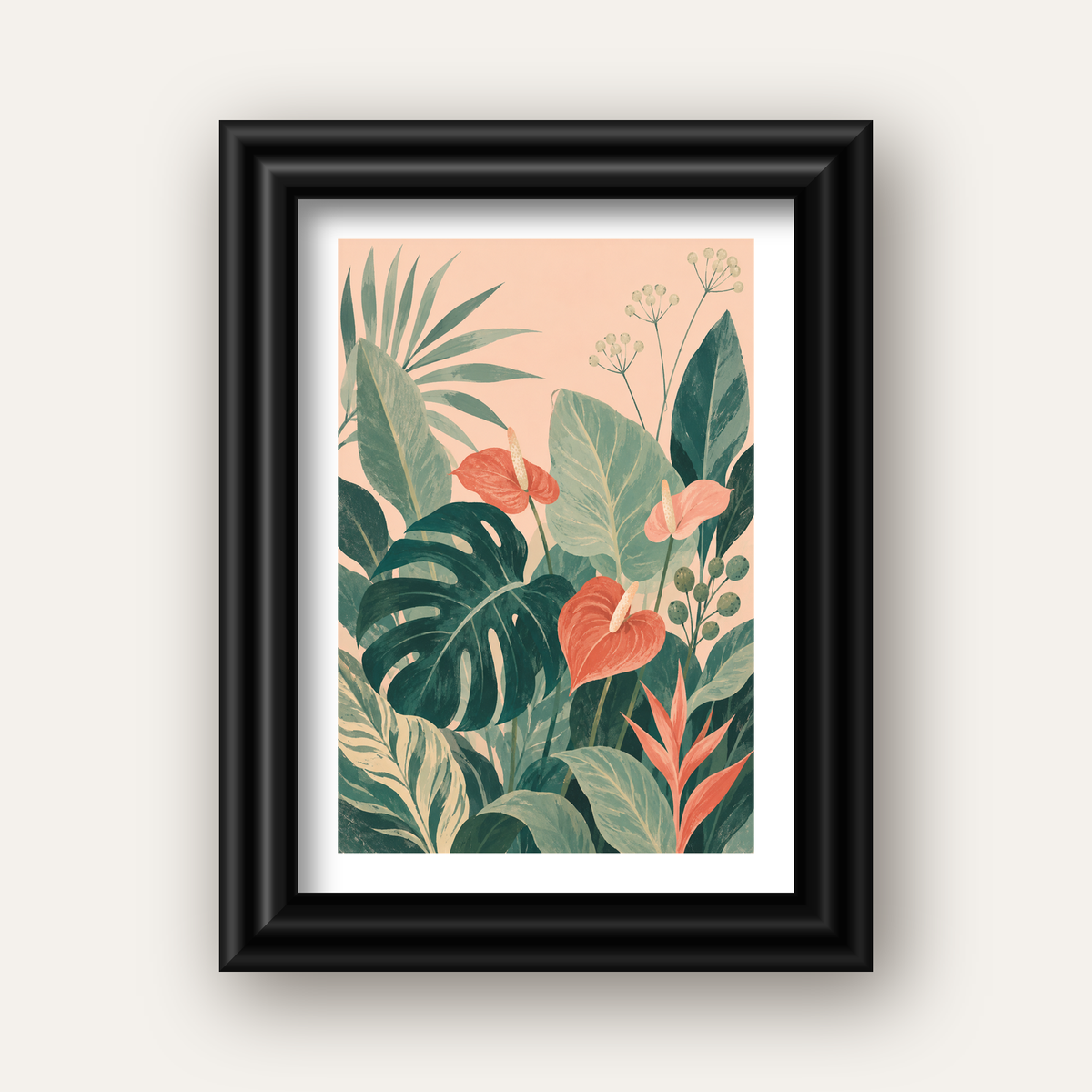 Tropikal Yaprak ve Anthurium Çiçekli Modern Poster — siyah galeri çerçeveli paspartulu