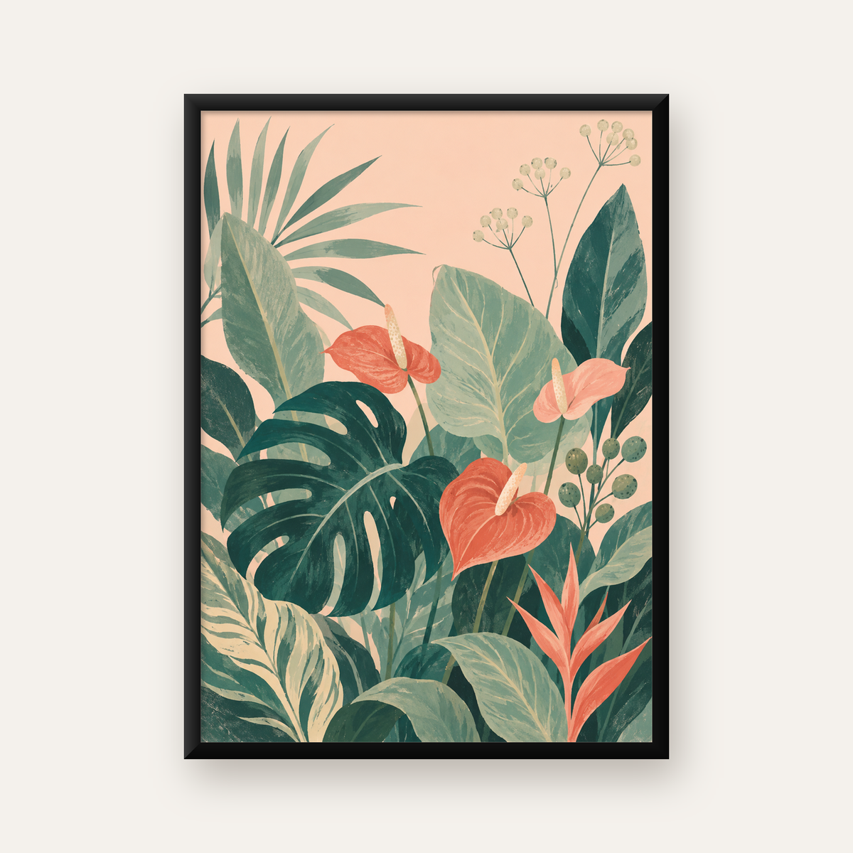 Tropikal Yaprak ve Anthurium Çiçekli Modern Poster — Dikey baskı, düz siyah çerçeveli duvar posteri