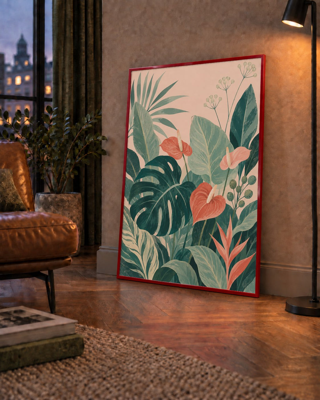 Tropikal Yaprak ve Anthurium Çiçekli Modern Poster — çerçeveli hâliyle bir ev duvarında