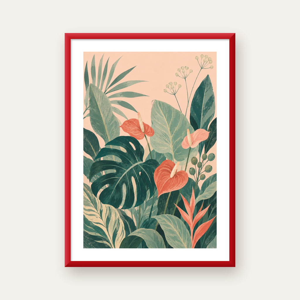 Tropikal Yaprak ve Anthurium Çiçekli Modern Poster — kırmızı çerçeveli paspartulu