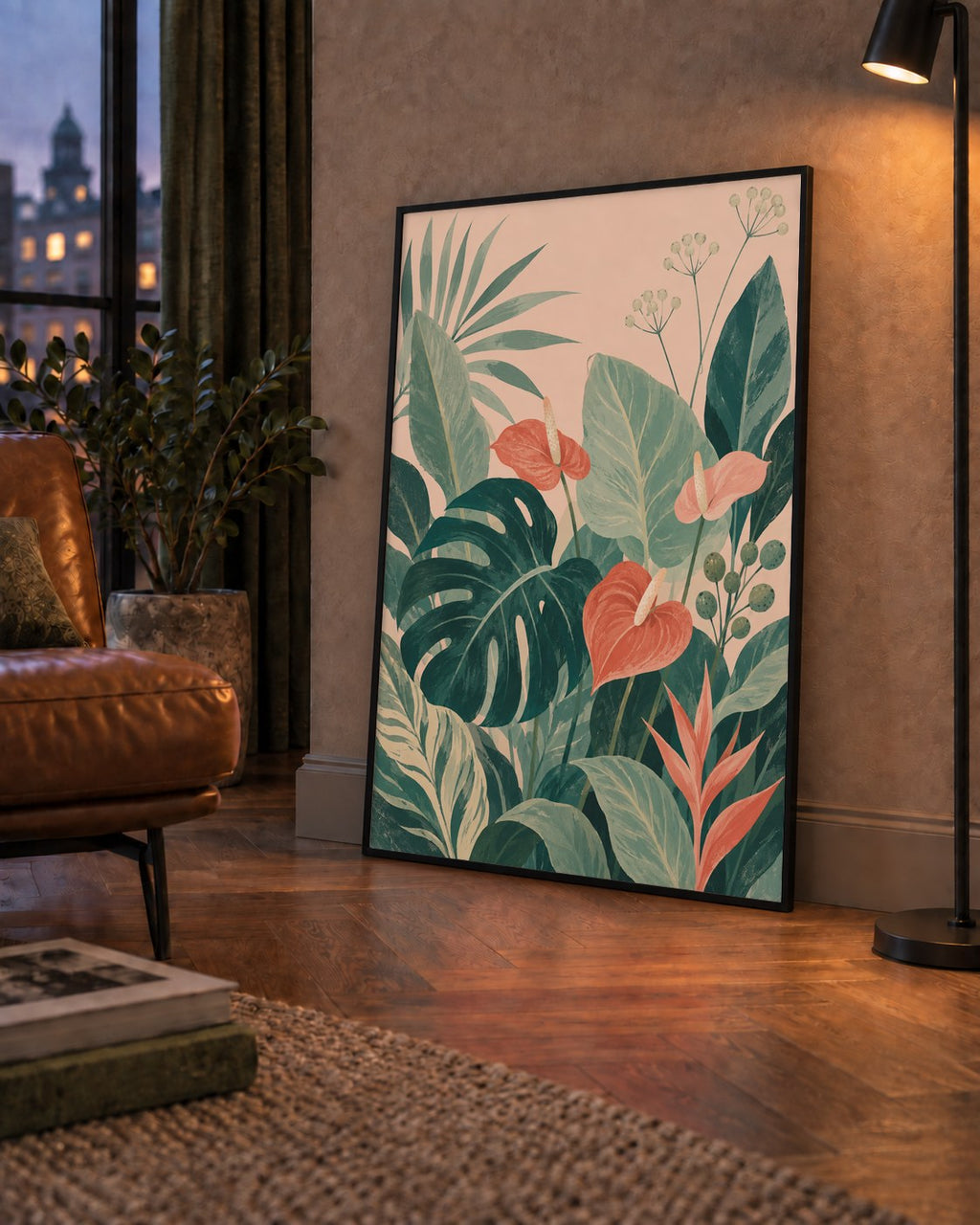 Tropikal Yaprak ve Anthurium Çiçekli Modern Poster — çerçeveli hâliyle bir ev duvarında