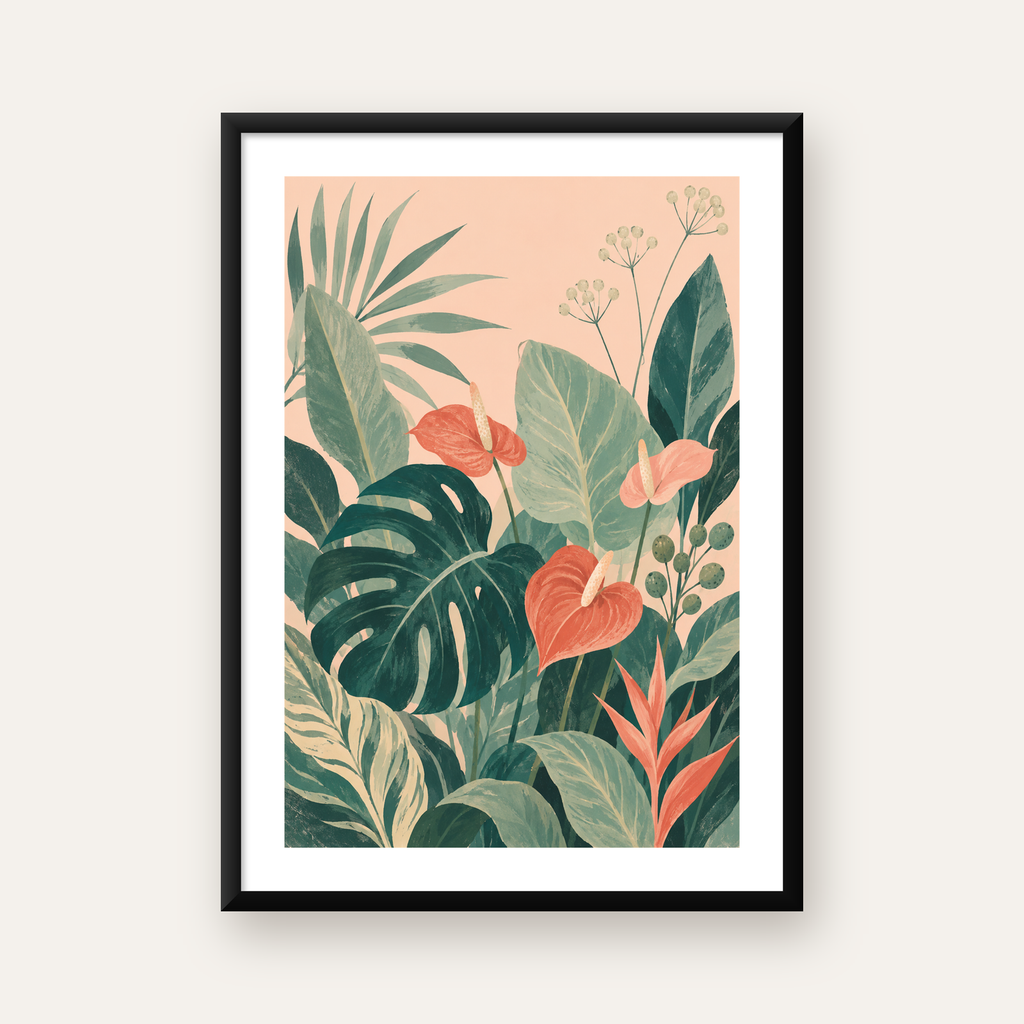 Tropikal Yaprak ve Anthurium Çiçekli Modern Poster — Dikey baskı, beyaz paspartulu