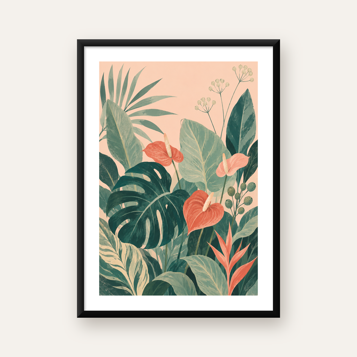 Tropikal Yaprak ve Anthurium Çiçekli Modern Poster — Dikey baskı, beyaz paspartulu