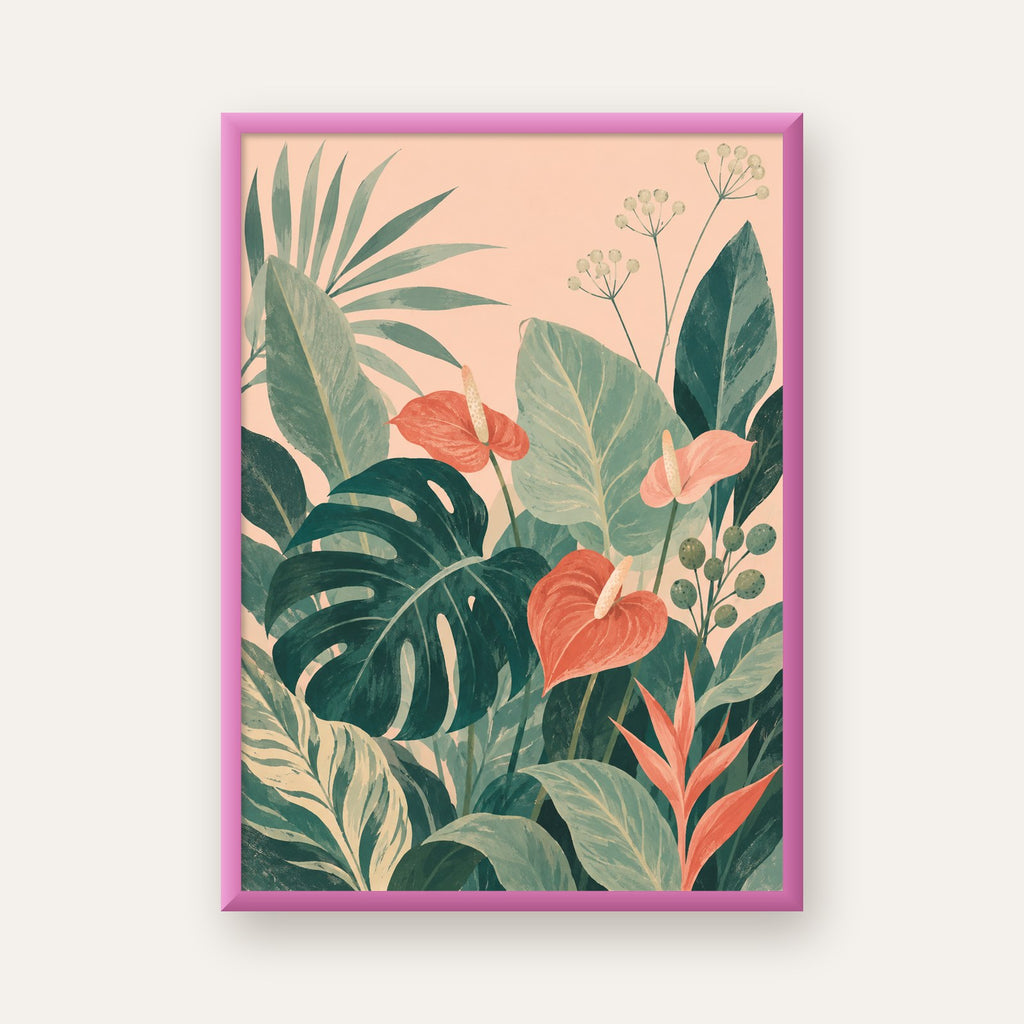 Tropikal Yaprak ve Anthurium Çiçekli Modern Poster — pembe çerçeveli