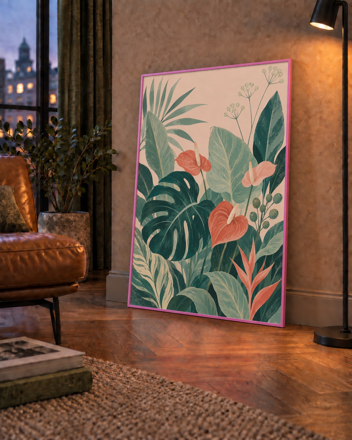 Tropikal Yaprak ve Anthurium Çiçekli Modern Poster — çerçeveli hâliyle bir ev duvarında