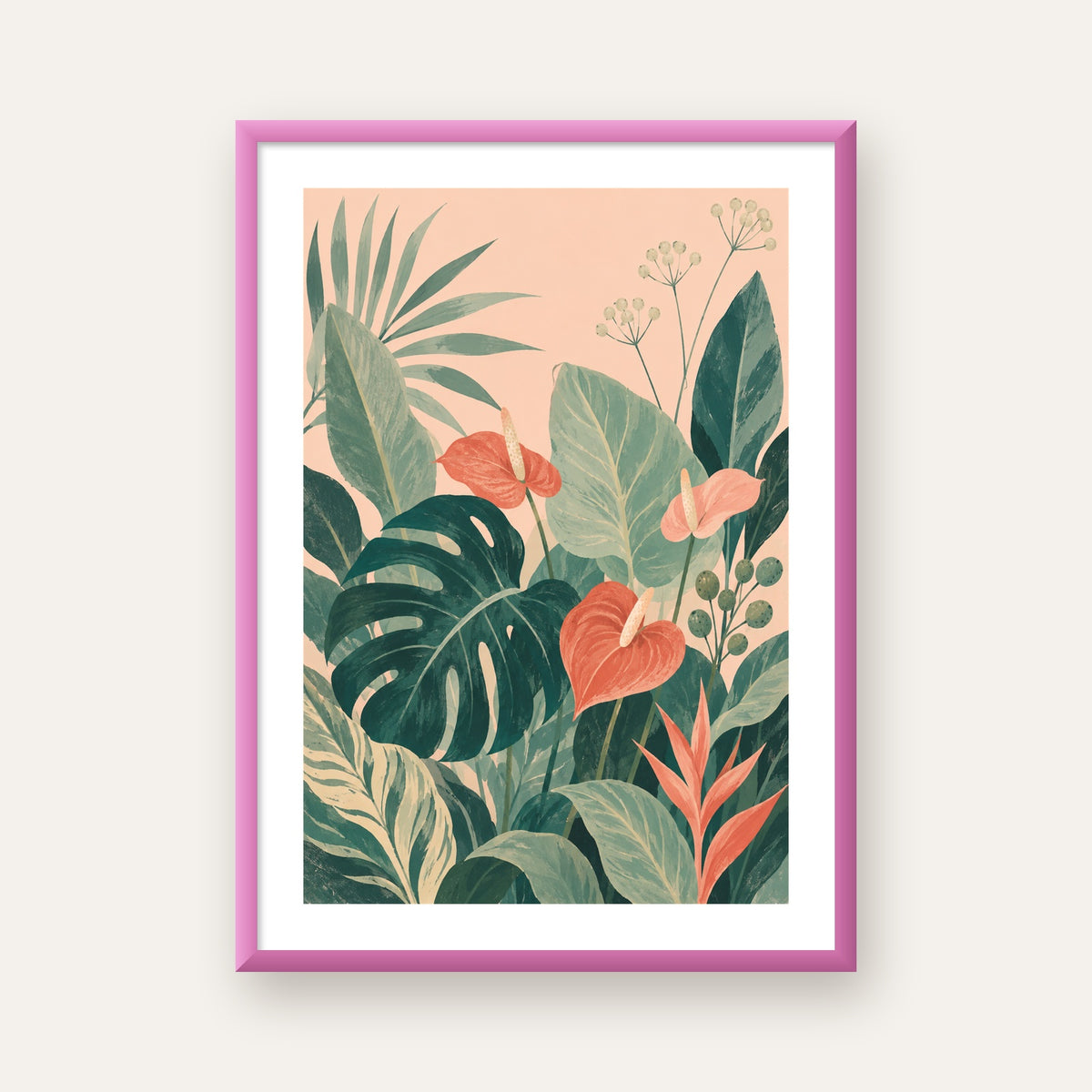Tropikal Yaprak ve Anthurium Çiçekli Modern Poster — pembe çerçeveli paspartulu