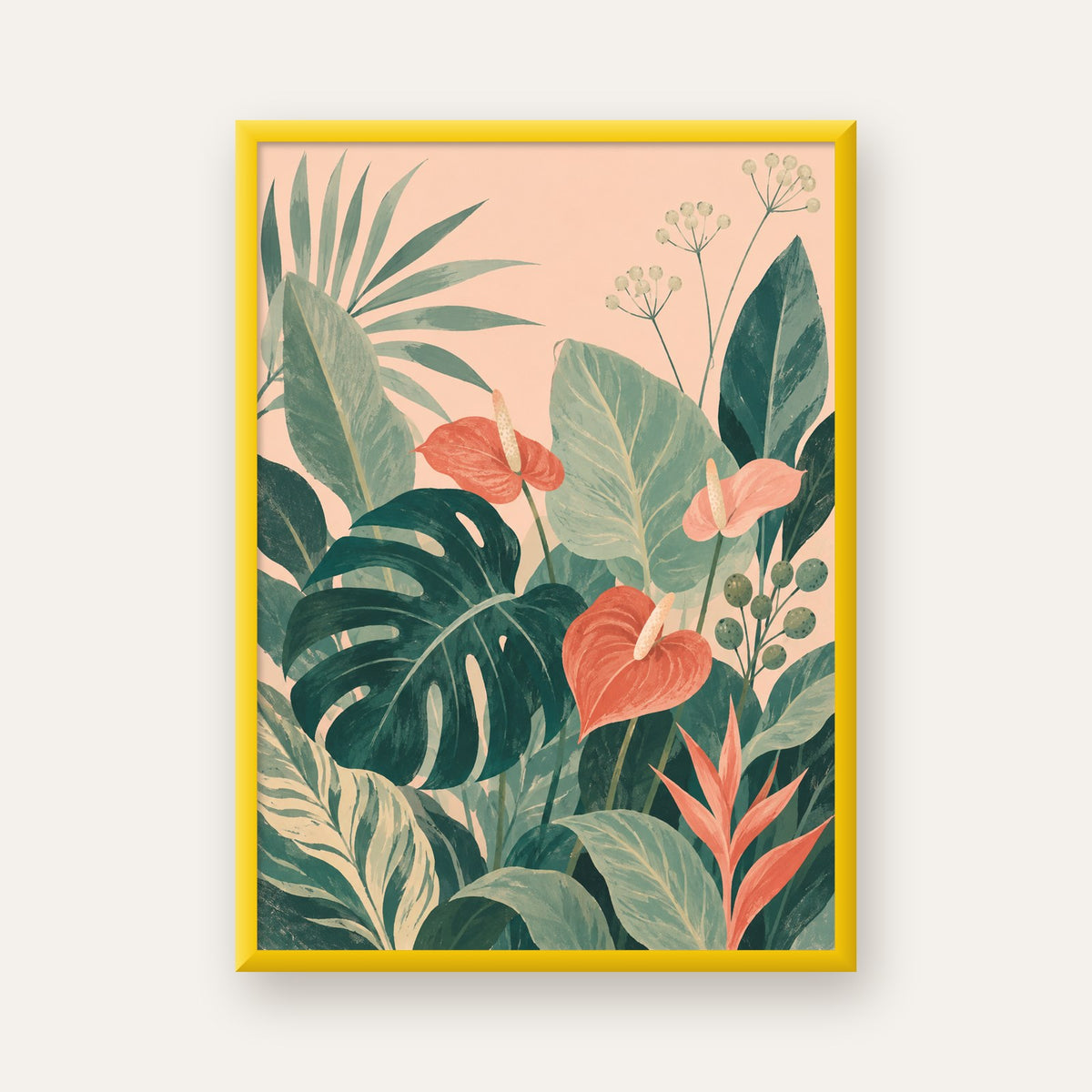 Tropikal Yaprak ve Anthurium Çiçekli Modern Poster — sarı çerçeveli