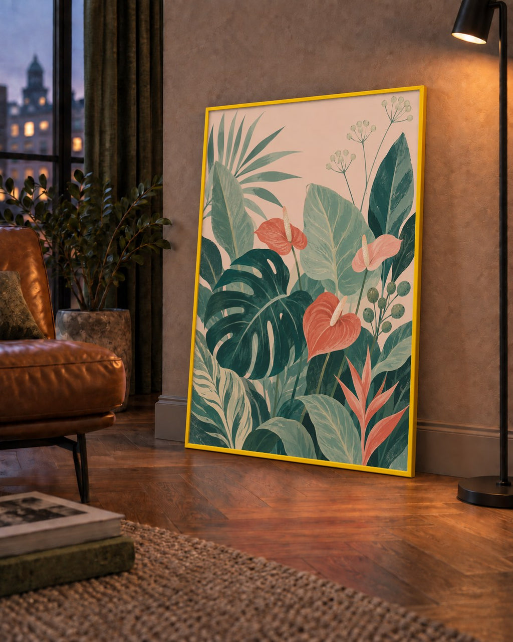 Tropikal Yaprak ve Anthurium Çiçekli Modern Poster — çerçeveli hâliyle bir ev duvarında
