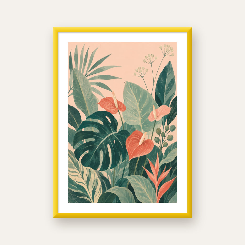 Tropikal Yaprak ve Anthurium Çiçekli Modern Poster — sarı çerçeveli paspartulu