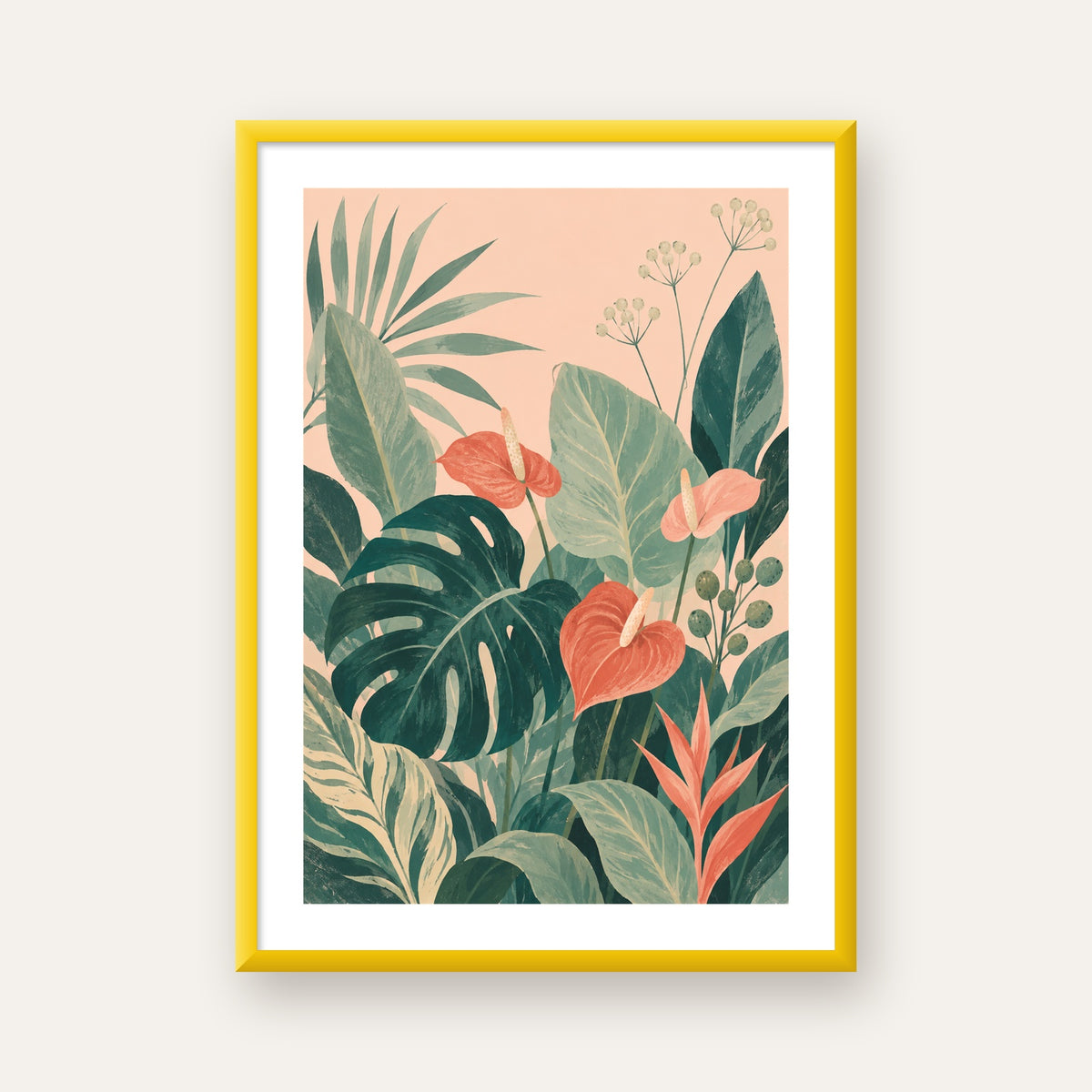 Tropikal Yaprak ve Anthurium Çiçekli Modern Poster — sarı çerçeveli paspartulu