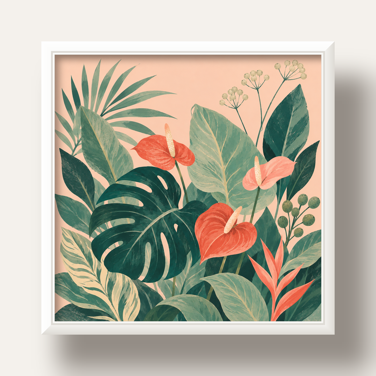 Tropikal Yaprak ve Anthurium Çiçekli Modern Poster — beyaz derin çerçeveli