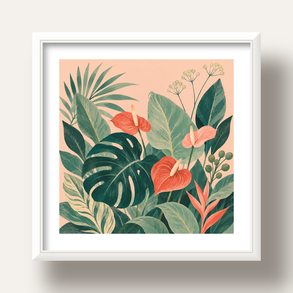 Tropikal Yaprak ve Anthurium Çiçekli Modern Poster — beyaz derin çerçeveli paspartulu