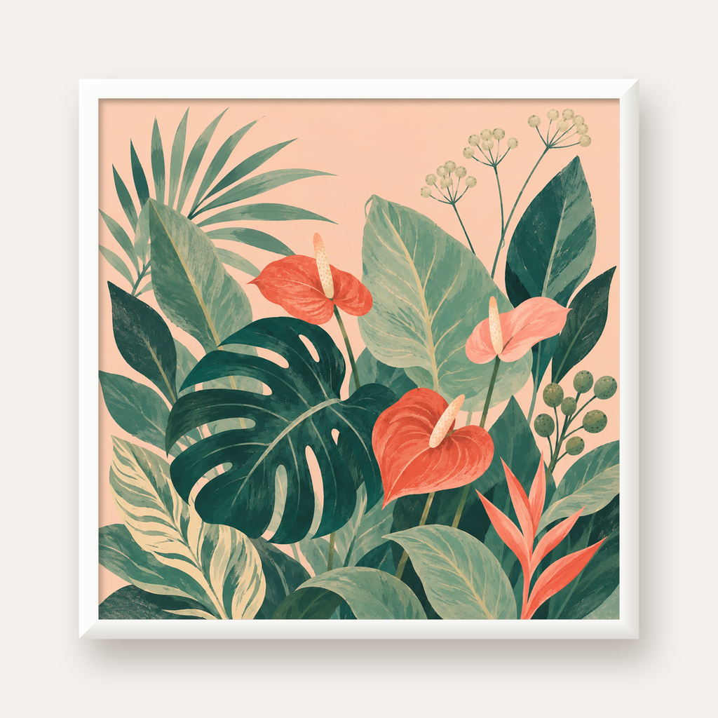 Tropikal Yaprak ve Anthurium Çiçekli Modern Poster — beyaz çerçeveli kare poster